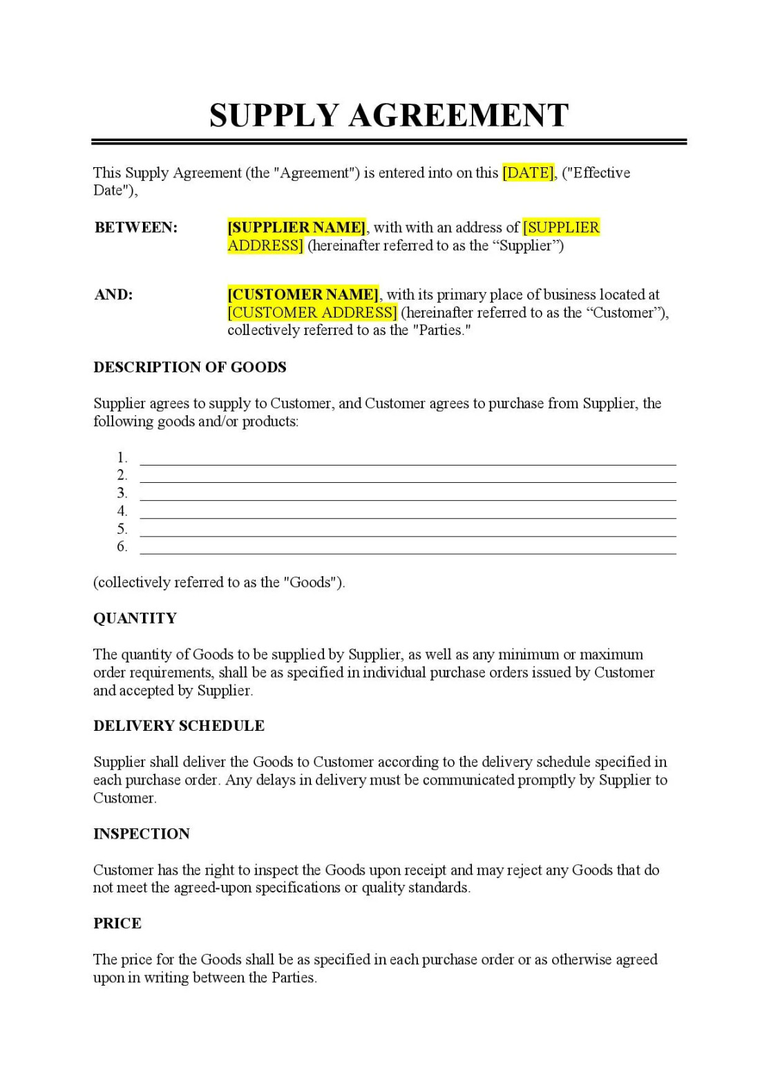 Supply Agreement Template - Free Download - Easy Legal Docs