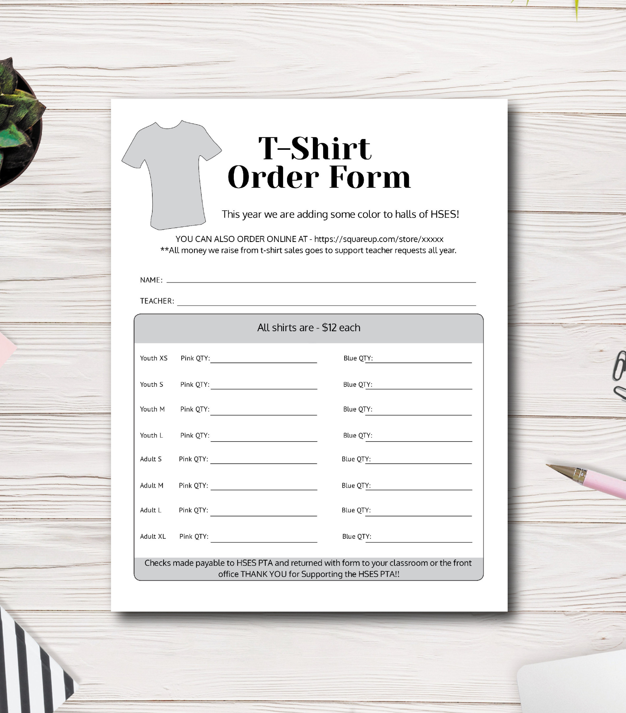 T-shirt Order Form Template, PTA, PTSA, PTO, Church Fundraiser