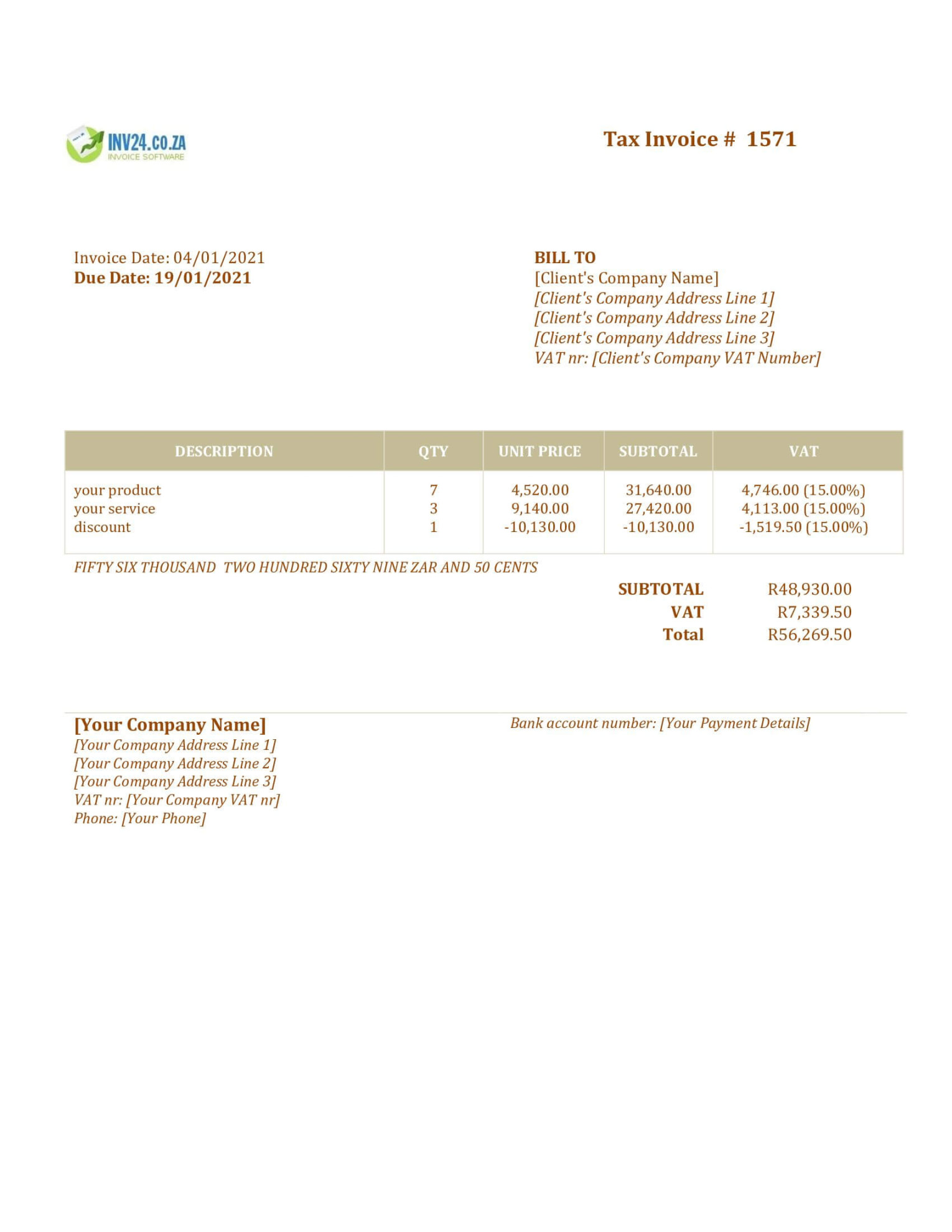 Tax Invoice Template South Africa (Word / Google Docs)