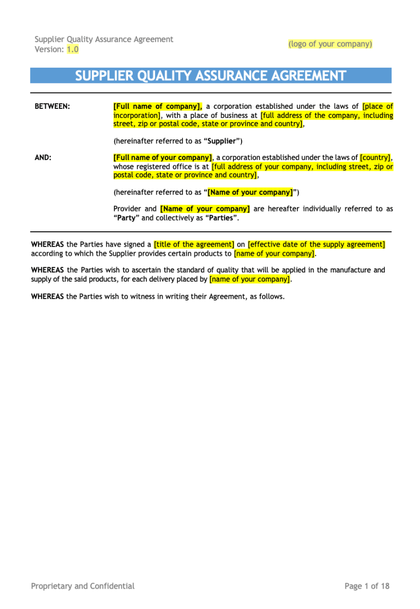 Template - Supplier Quality Assurance Agreement Word (v.