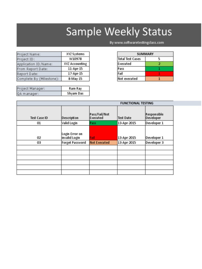 Testing Weekly Status Report  PDF  Software Quality  Evaluation