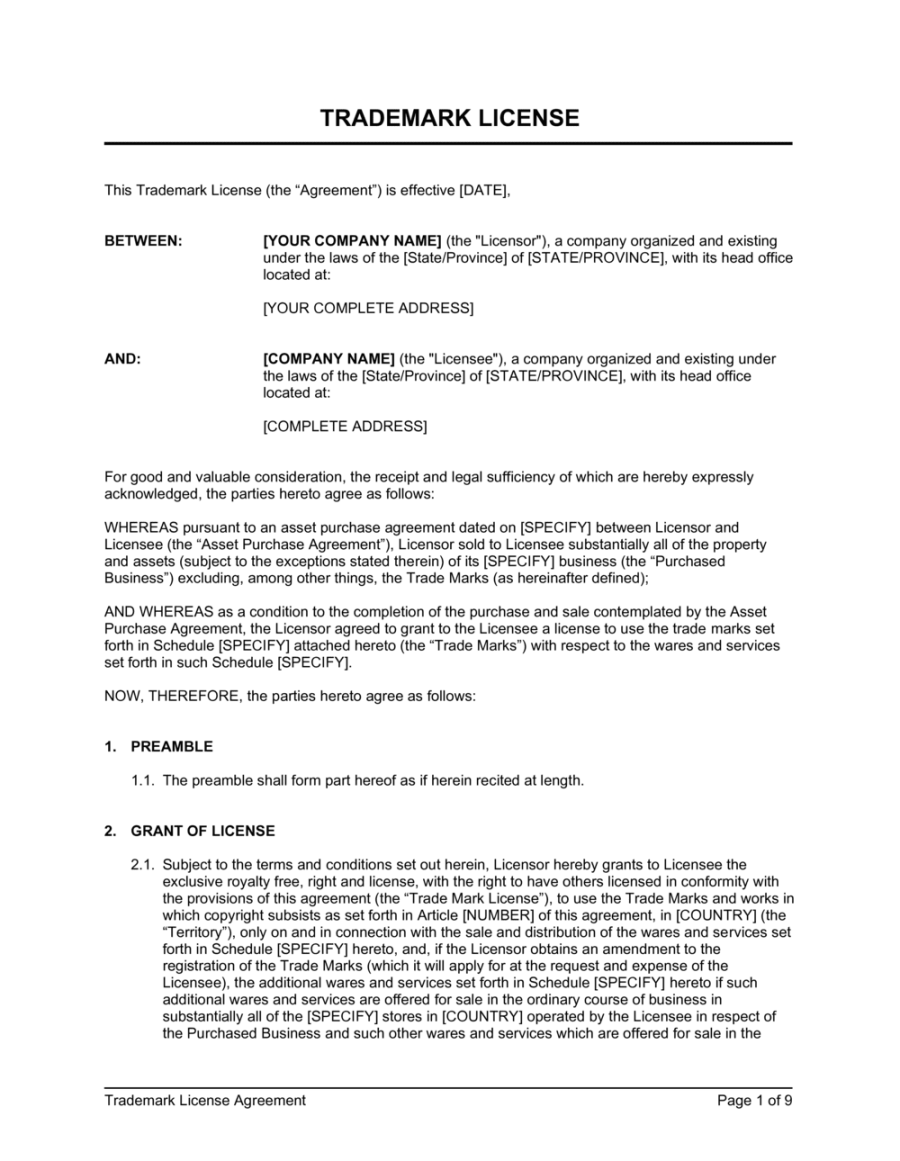 Trademark License Agreement Template (Download)