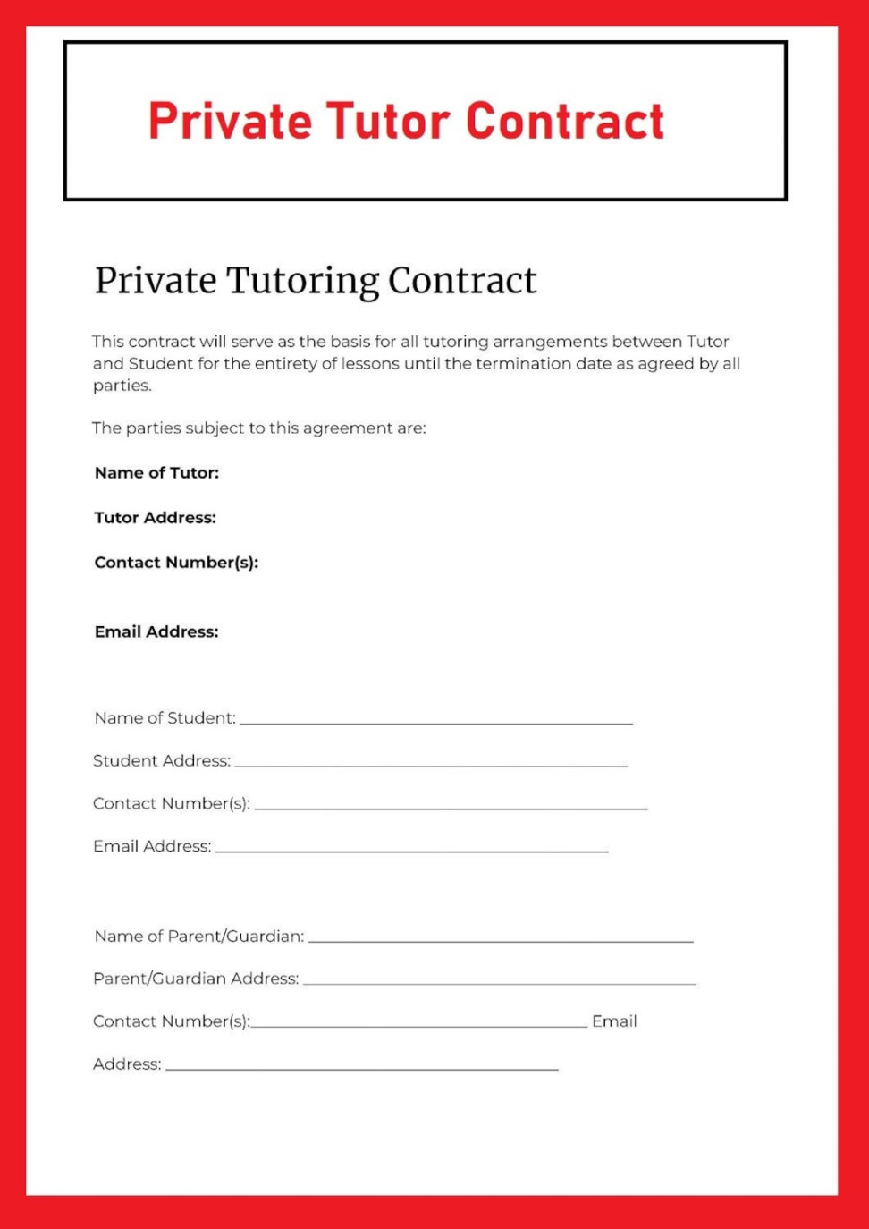 Tutor Contract Tutoring Contract Template Tutoring Contract Form