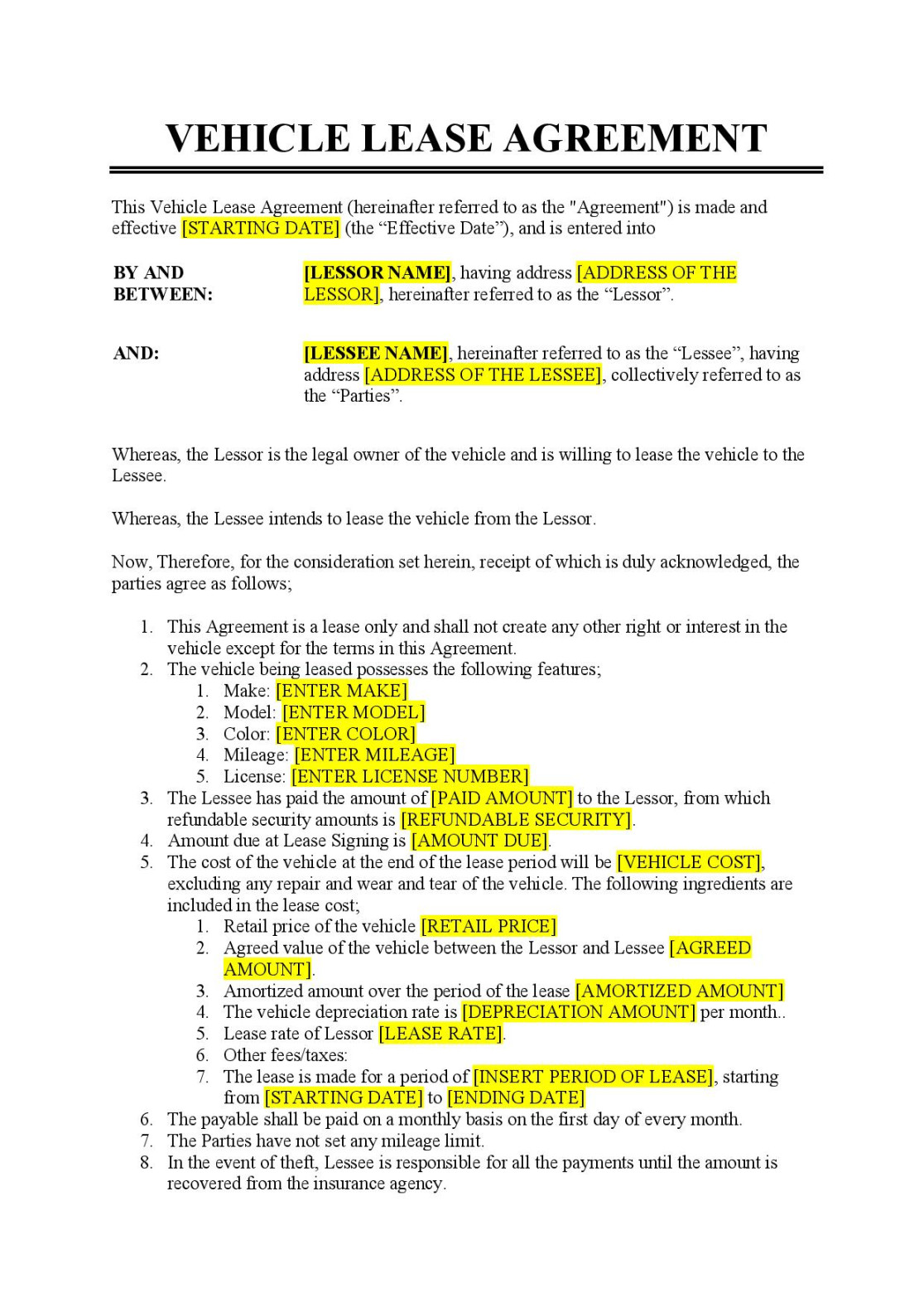 Vehicle Lease Agreement Template - Free Download - Easy Legal Docs