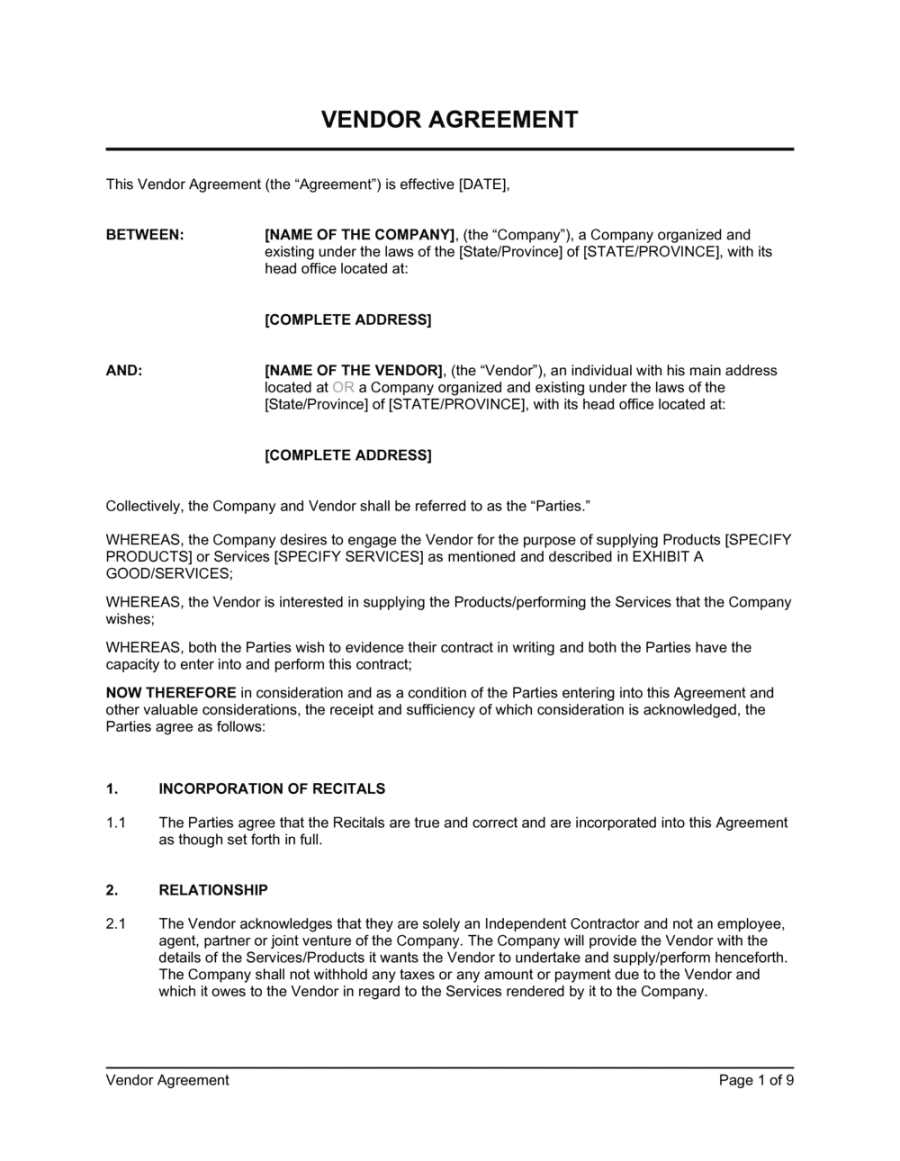 Vendor Agreement Template (Download)