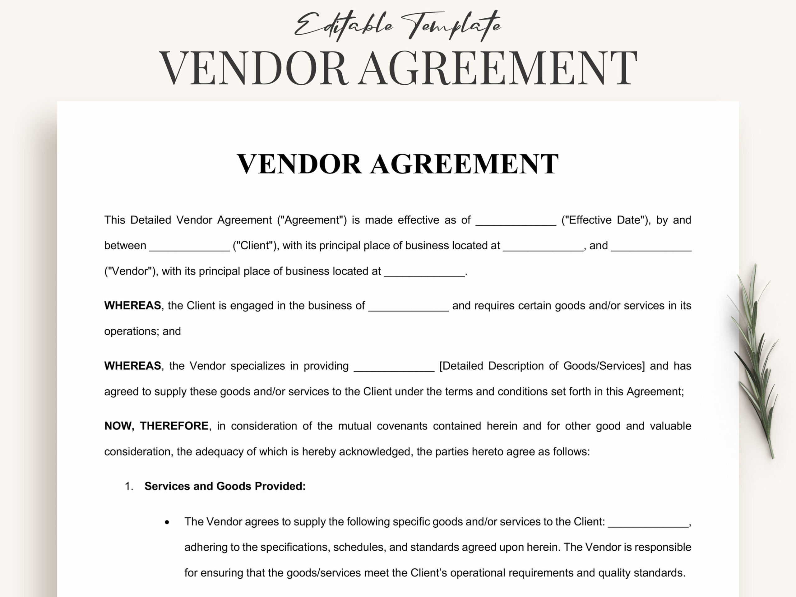 Vendor Agreement Template Word / PDF Customizable Business