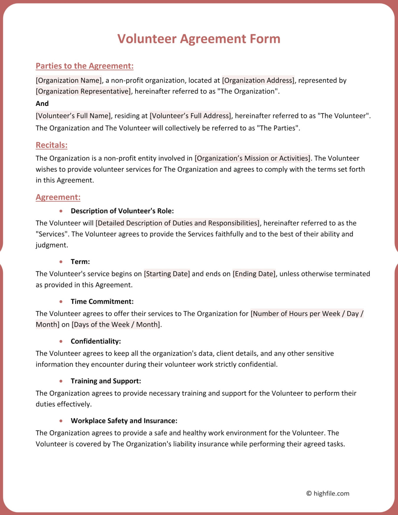 Volunteer Agreement Form - Word  PDF  Google Docs - Highfile