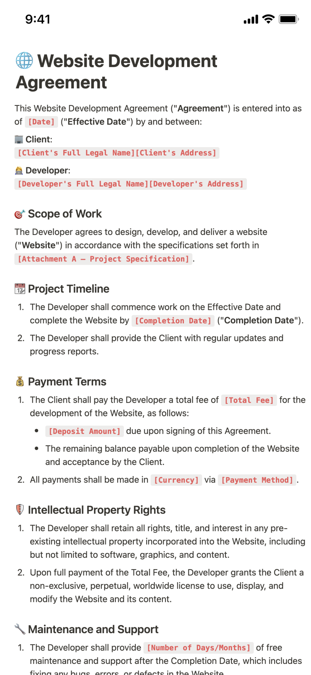 Website Development Agreement Template  Notion Marketplace