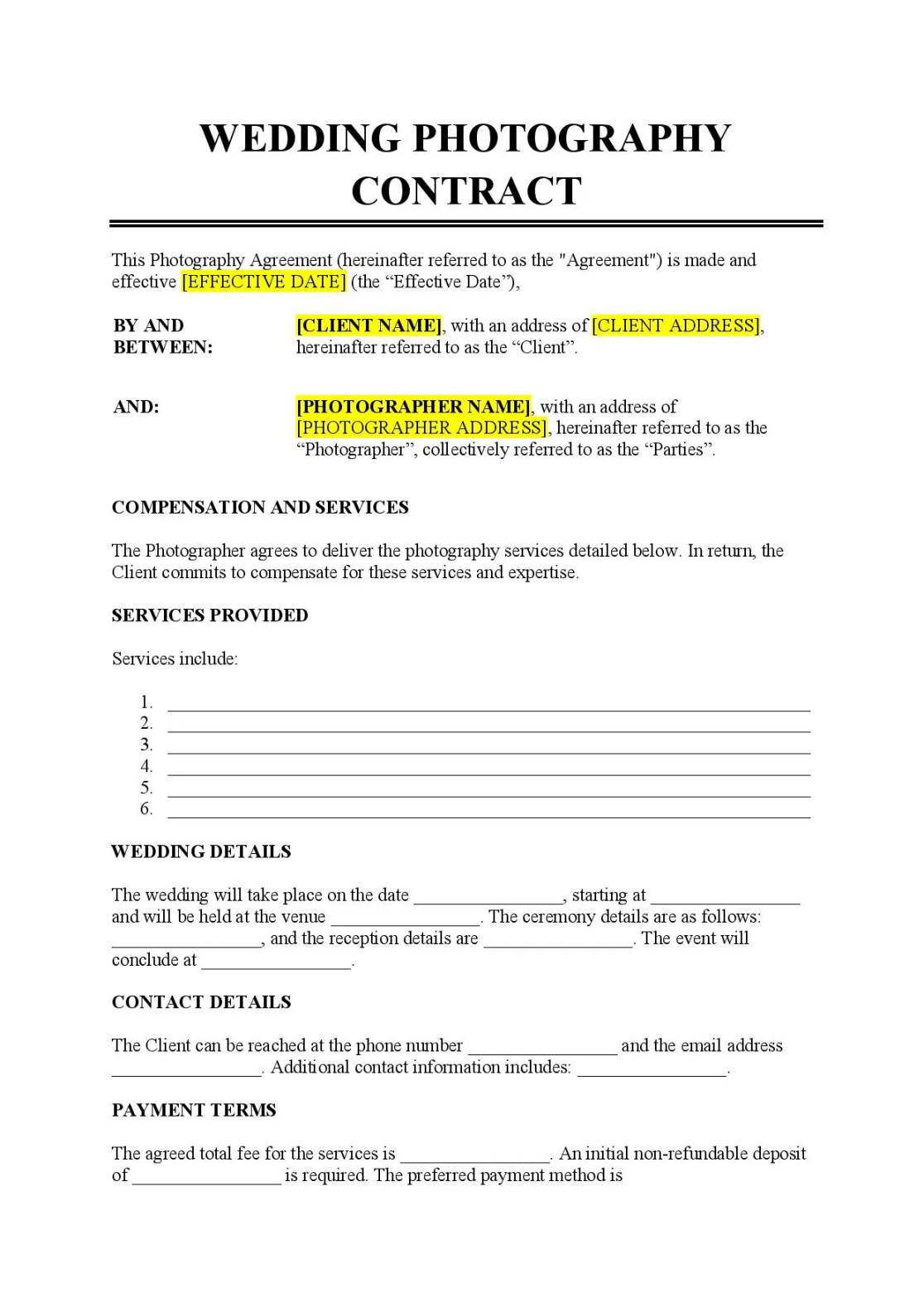 Wedding Photography Contract Template - Free Download - Easy Legal